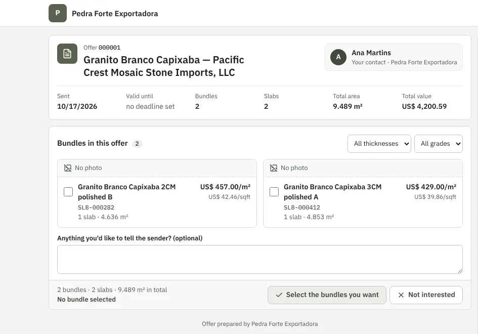 Offer page opened by the buyer: two granite bundles priced per m², thickness and grade filters and the button to choose bundles