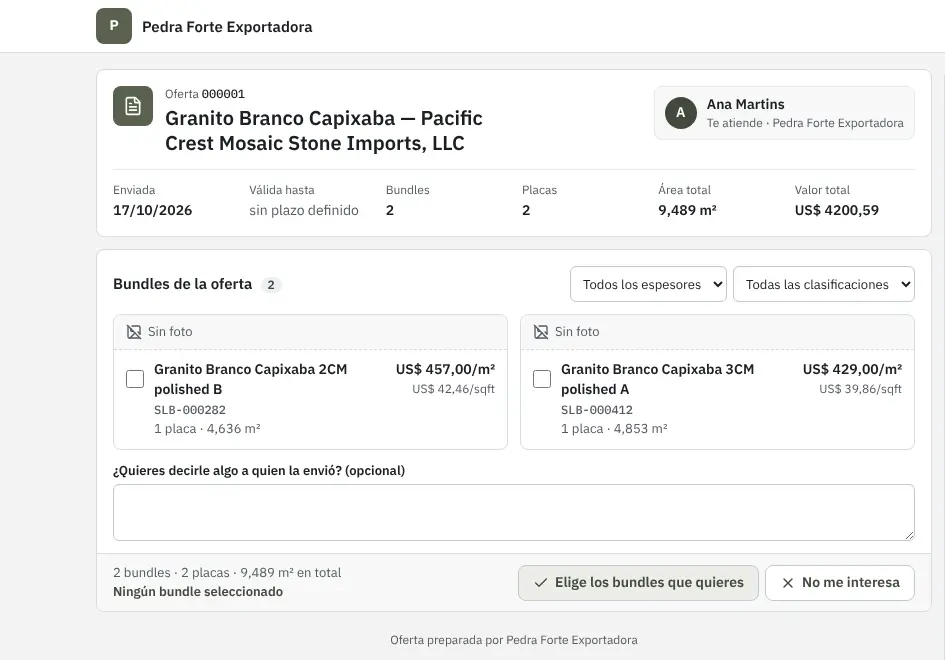 Página de la oferta abierta por el cliente: dos bundles de granito con precio por m², filtros de espesor y clasificación y el botón para elegir los bundles