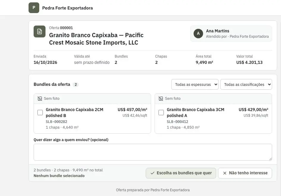Página da oferta aberta pelo cliente: dois bundles de granito com preço por m², filtros de espessura e classificação e o botão para escolher os bundles